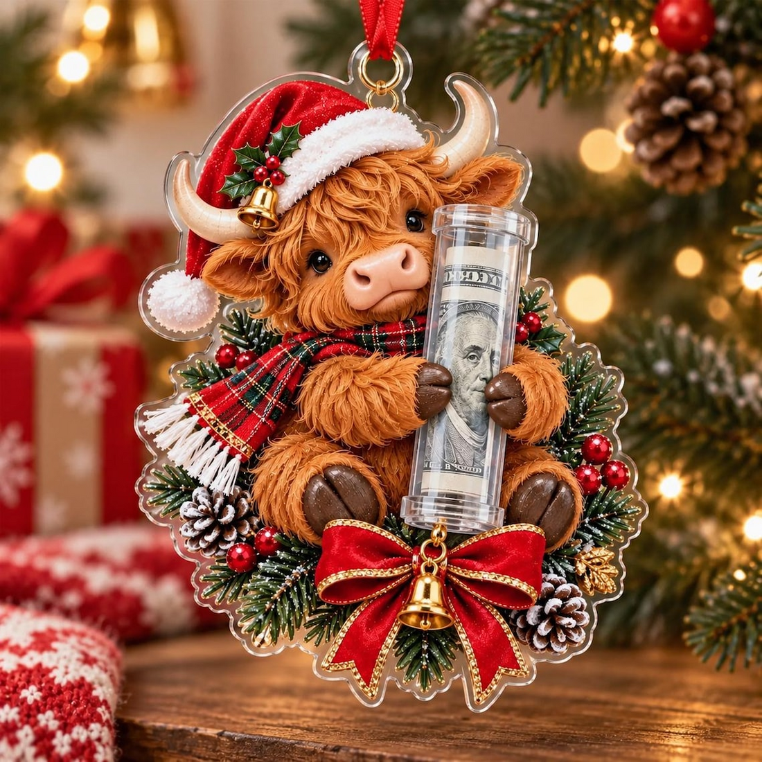 Personalized 2D Christmas Cute Animal Cash Gift Ornament,Clear Acrylic Money Holder,Xmas Tree Hanging Décor For Family,Funny Xmas Cash Gift