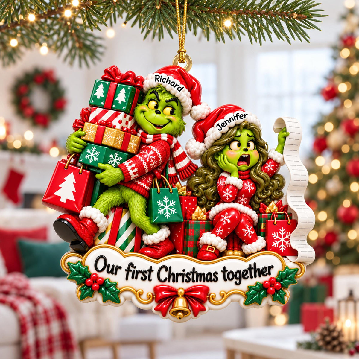 Personalized Grinch Couple Christmas Ornament, Custom Names Spicy Funny Couple Gift, Romantic Merry Grinchmas Tree Decoration