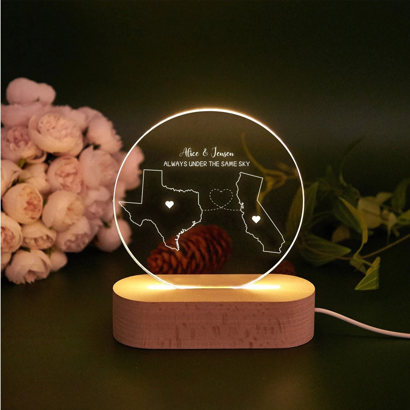 Custom Two-State Map Night Light: Long Distance Gift
