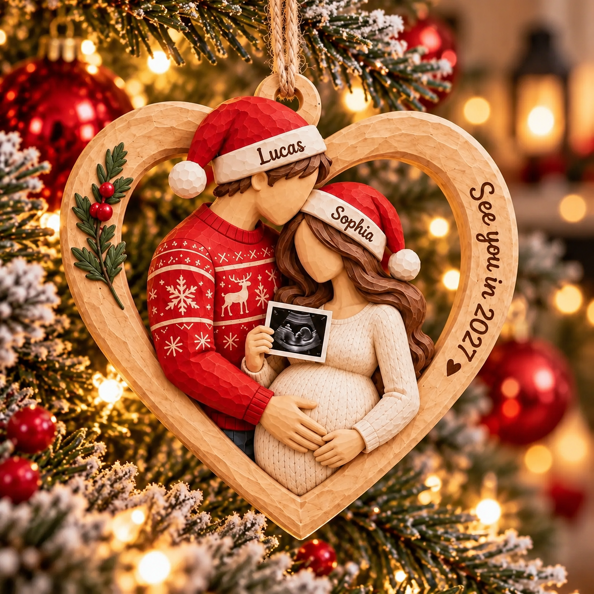 Personalized Family of Three Christmas Ornament, Baby Coming 2027 Keepsake (Copy)