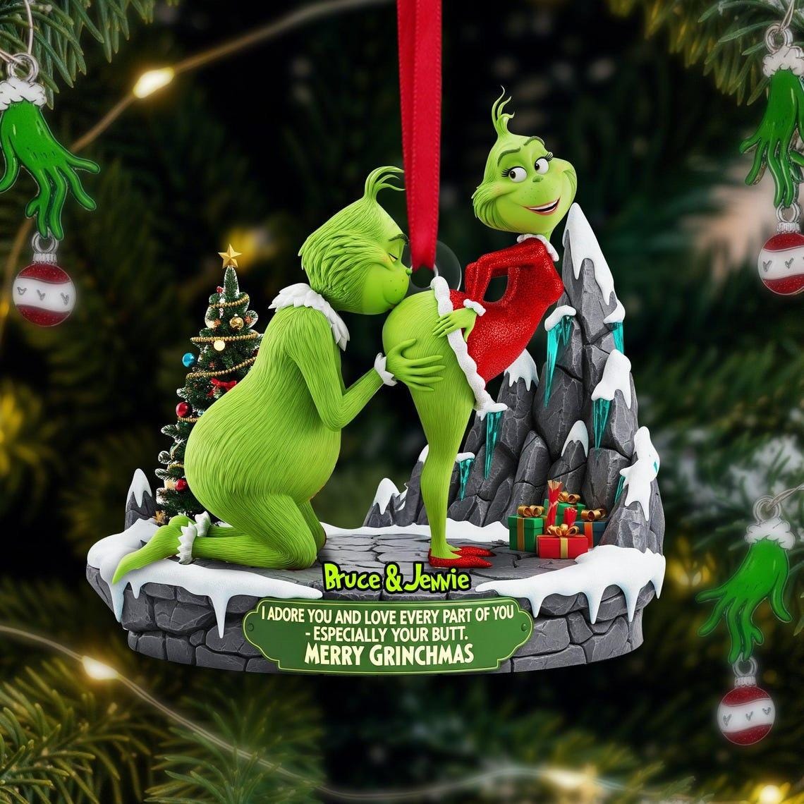 Personalized Green Monster Couple Christmas Ornament, I Adore You , Custom Holiday Tree Decoration, Flat 2D Ornament, Merry Grinchmas Gift