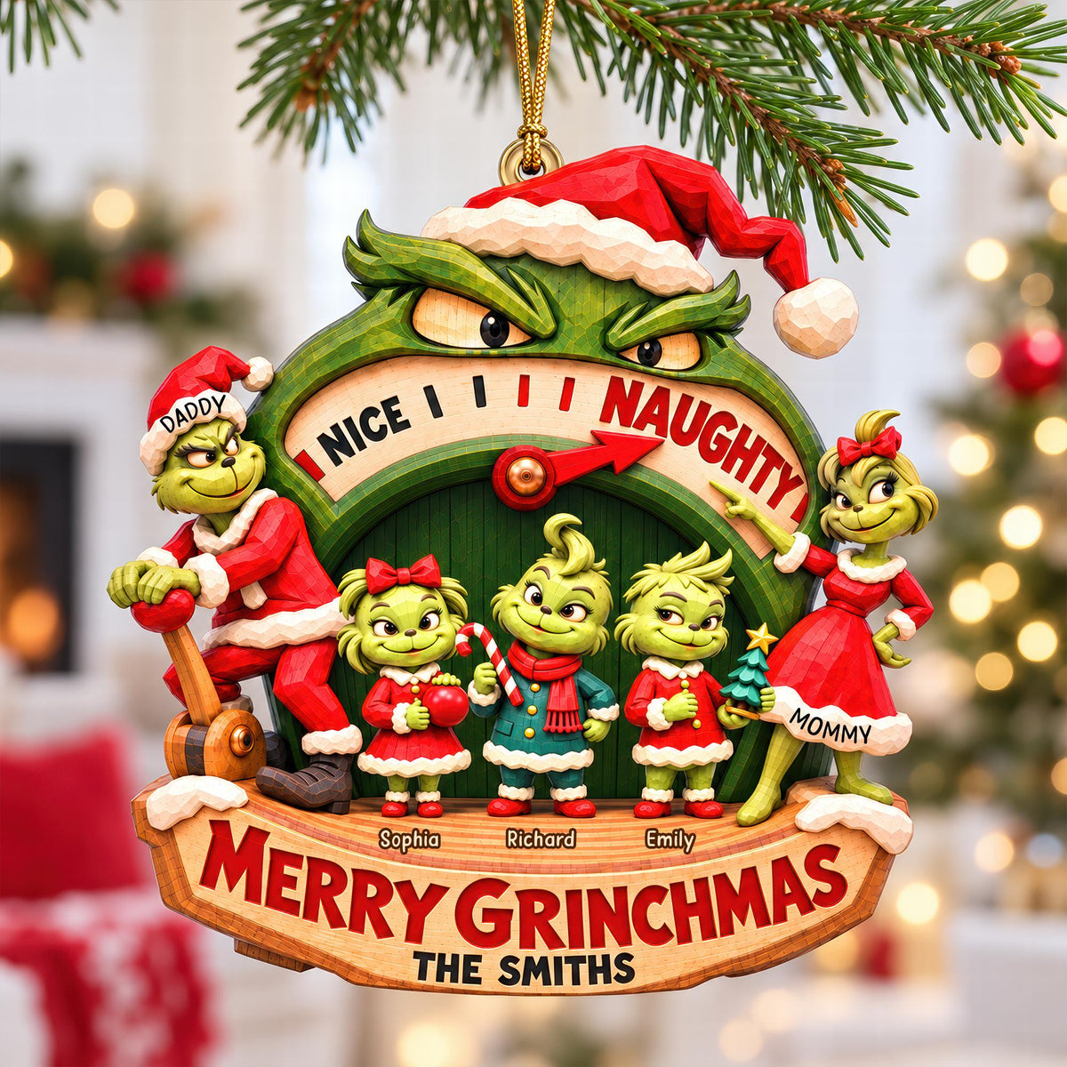 Personalized Grinch Family Christmas Ornament, Custom Names Christmas Tree Ornament, Family Holiday Keepsake