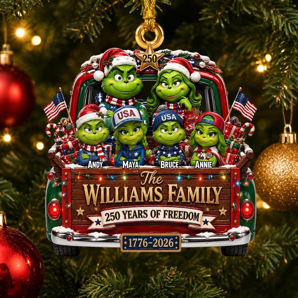Personalized Family Christmas Ornament, USA 250th Anniversary 1776-2026, Custom Family Names Holiday Gift