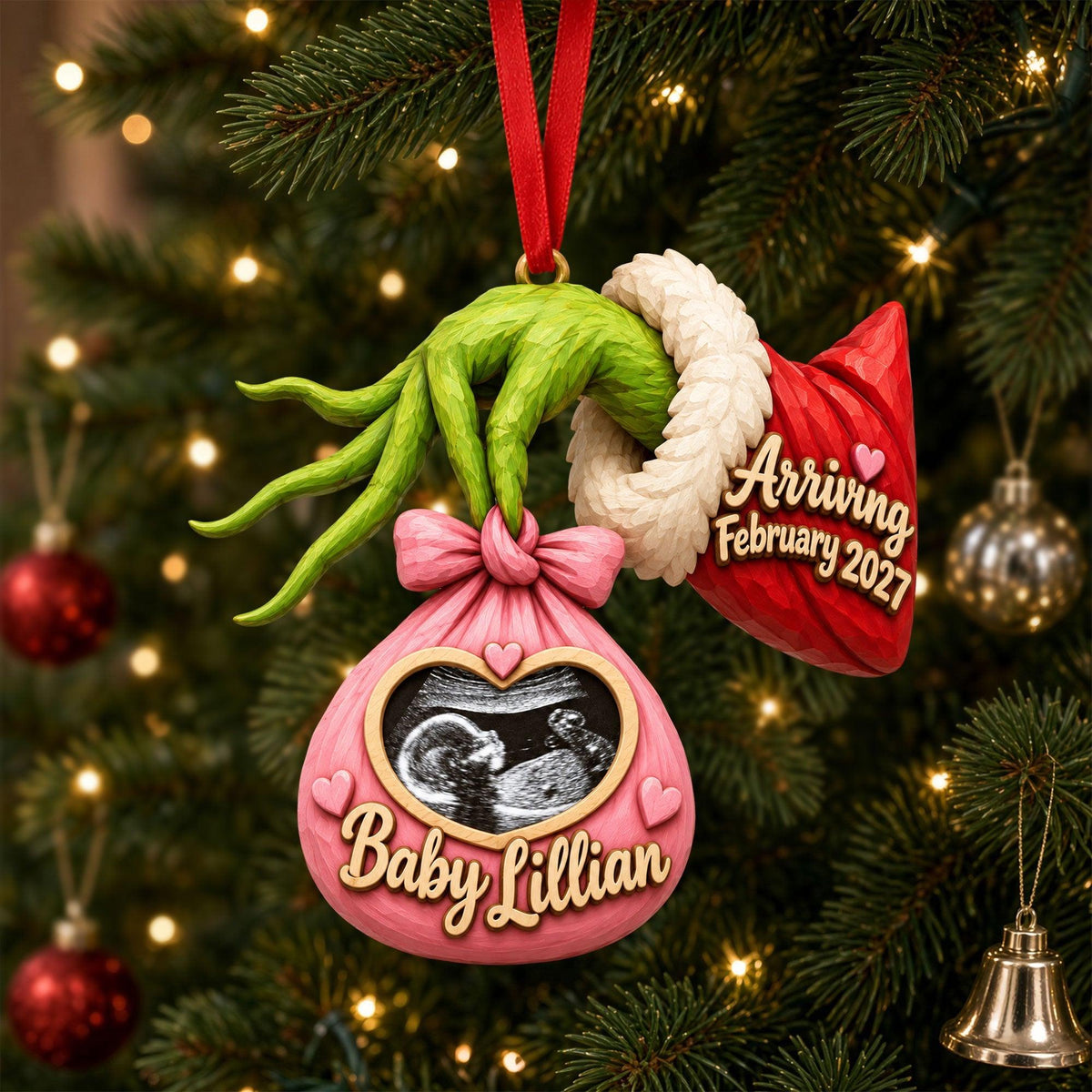 Personalized Pregnancy Announcement Ornament, Custom Photo Baby Coming January 2027, Grinch Hand Baby Keepsake