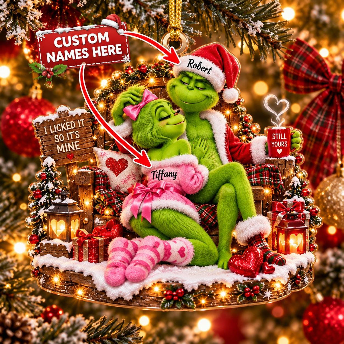 Personalized Naughty Couple Christmas Ornament, Personalized Green Monster Couple Christmas Ornament