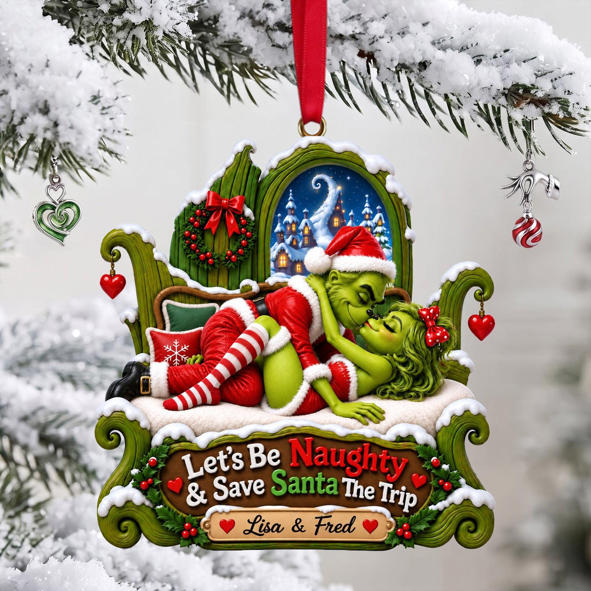 Personalized Naughty Couple Christmas Ornament, Personalized Green Monster Couple Christmas Ornament, I Adore You