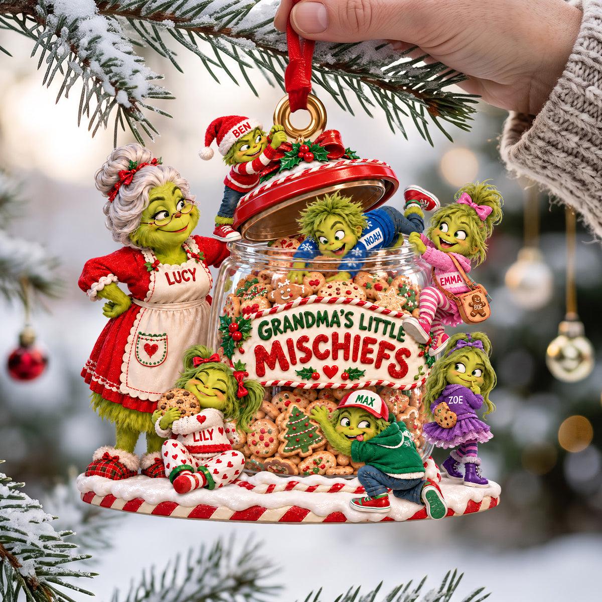 Personalized Grandma’s Little Mischiefs Flat 2D Acrylic Christmas Ornament, Custom Names Grinch Grandkids Ornament, Grandma Christmas Gift