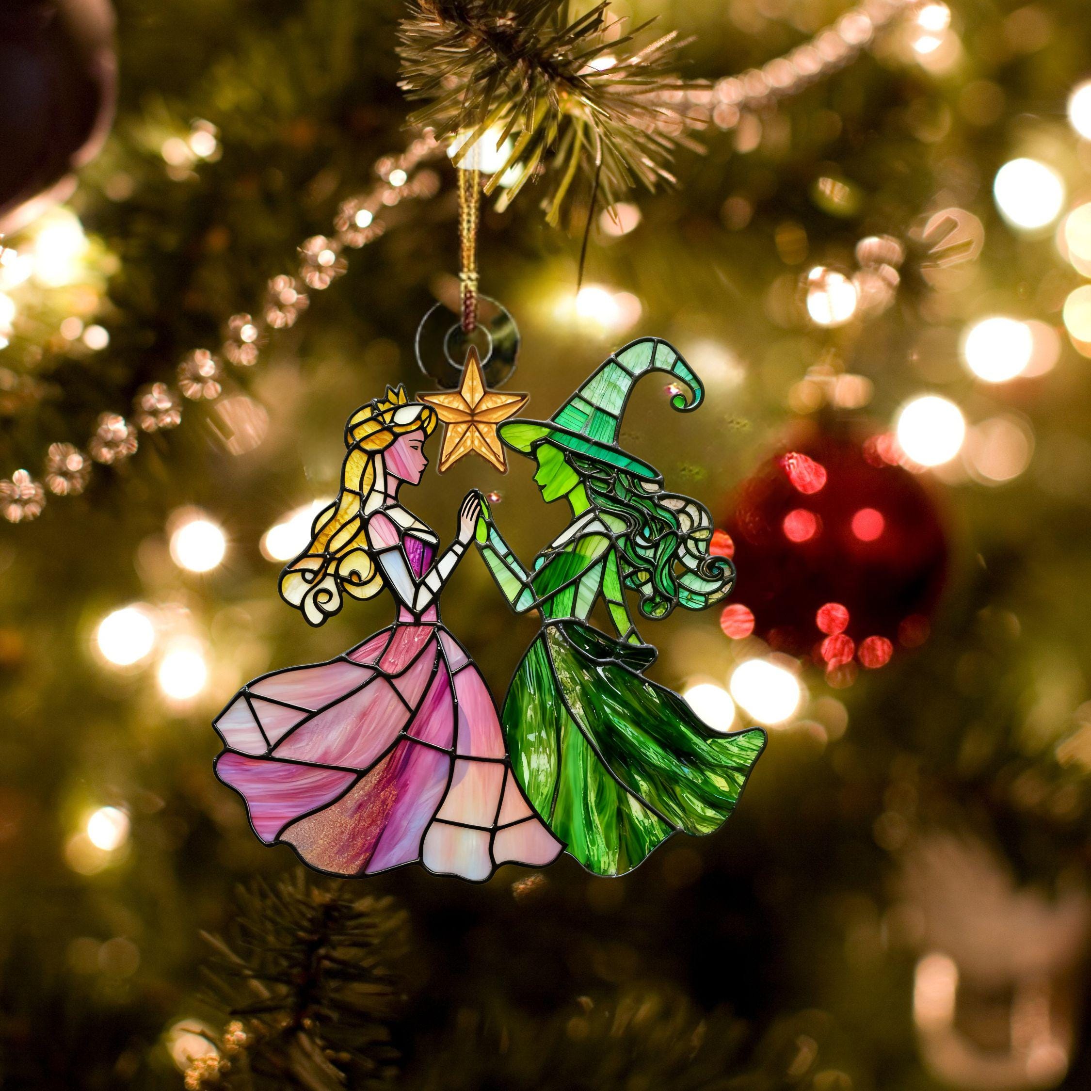 Elphaba and Glinda Stained Christmas Ornament, Wizard of Oz Wicked Musical Fan Art Decor, Xmas Tree Window Decoration