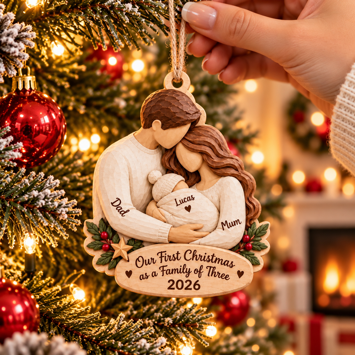 Personalized Family of Three Christmas Ornament, Baby Coming 2027 Keepsake