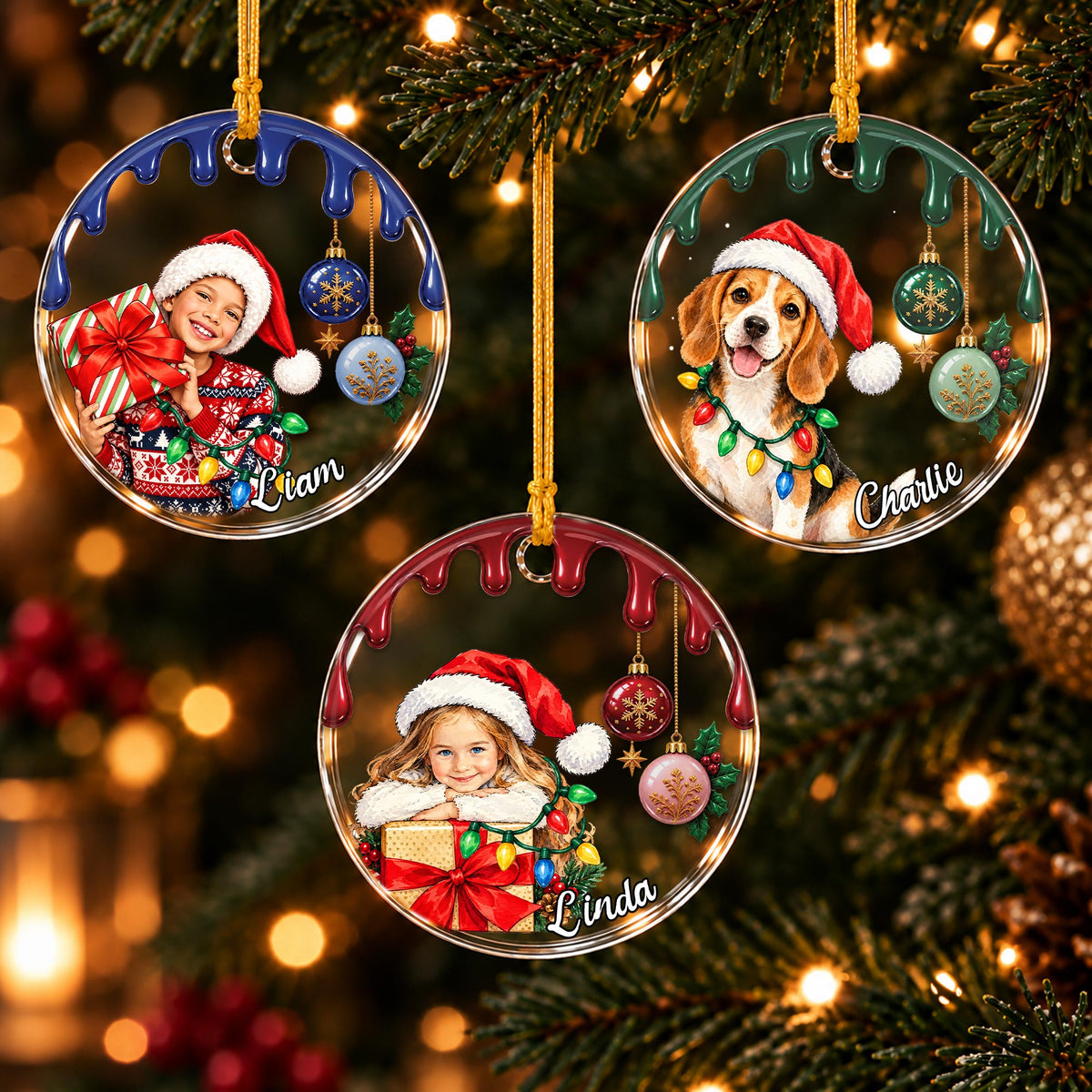 Personalized Kids Photo Christmas Ornament with Drip Effect