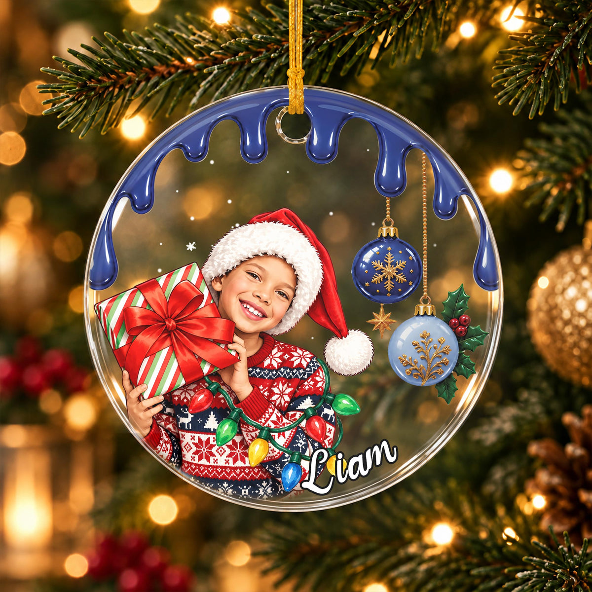 Personalized Kids Photo Christmas Ornament with Drip Effect