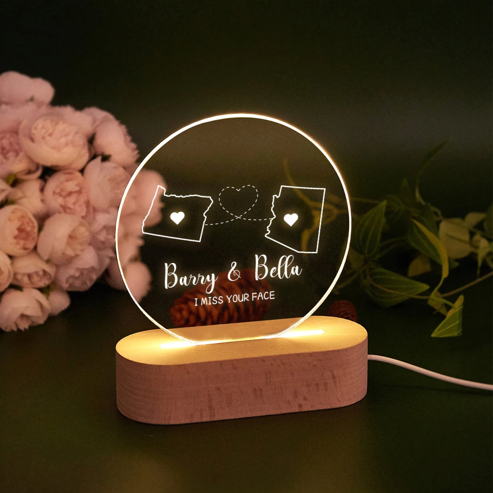 Custom Two-State Map Night Light: Long Distance Gift