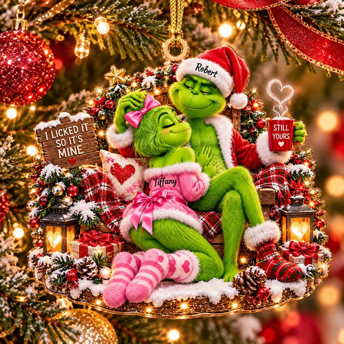 Personalized Naughty Couple Christmas Ornament, Personalized Green Monster Couple Christmas Ornament