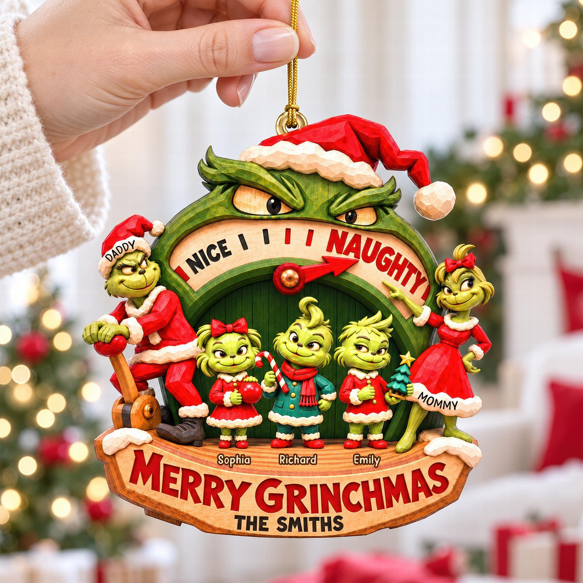 Personalized Grinch Family Christmas Ornament, Custom Names Christmas Tree Ornament, Family Holiday Keepsake