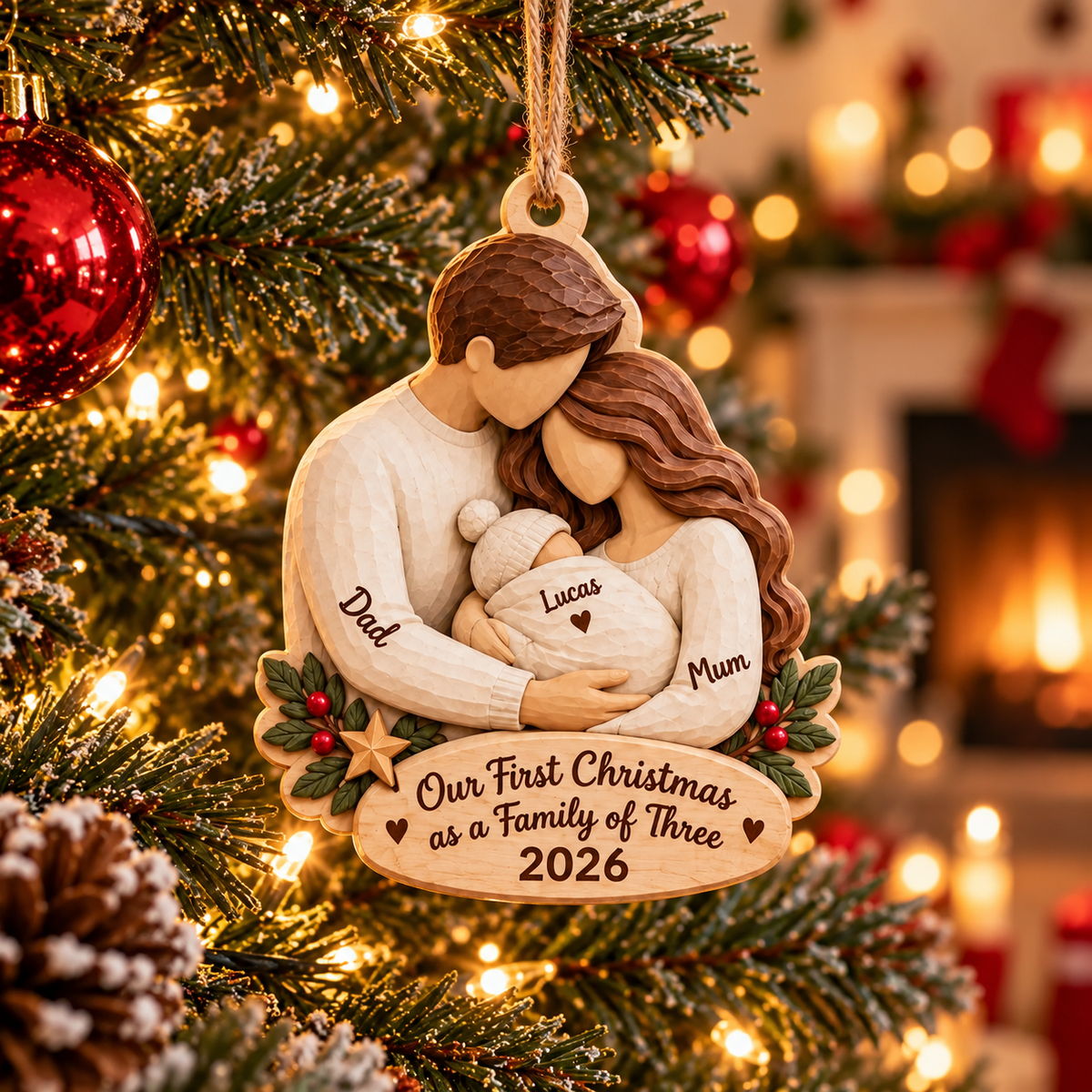 Personalized Family of Three Christmas Ornament, Baby Coming 2027 Keepsake