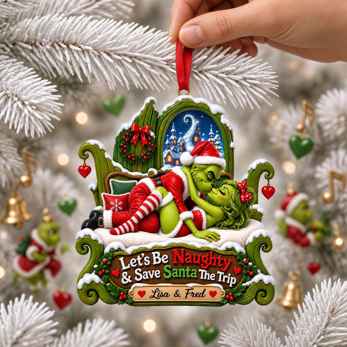 Personalized Naughty Couple Christmas Ornament, Personalized Green Monster Couple Christmas Ornament, I Adore You