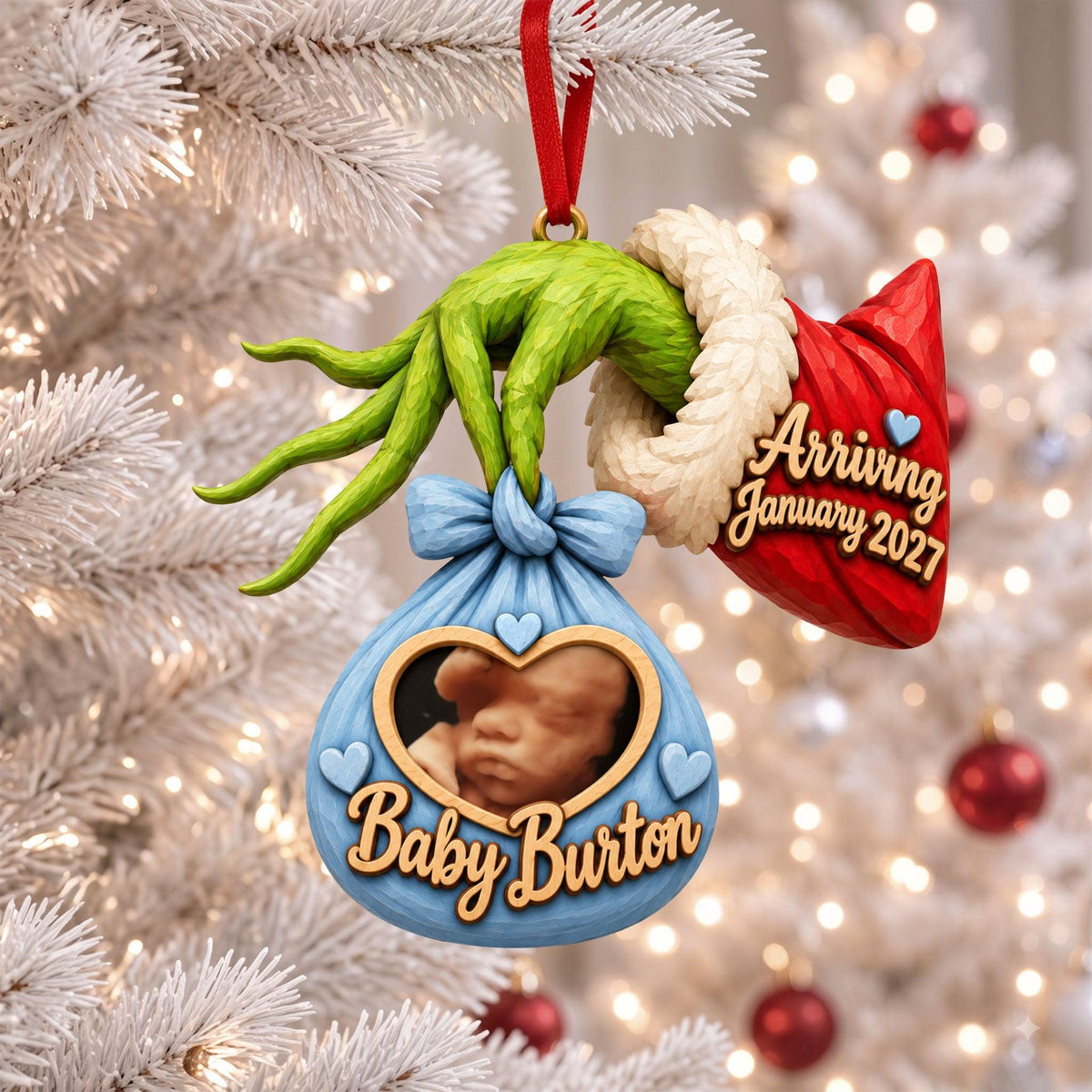 Personalized Pregnancy Announcement Ornament, Custom Photo Baby Coming January 2027, Grinch Hand Baby Keepsake