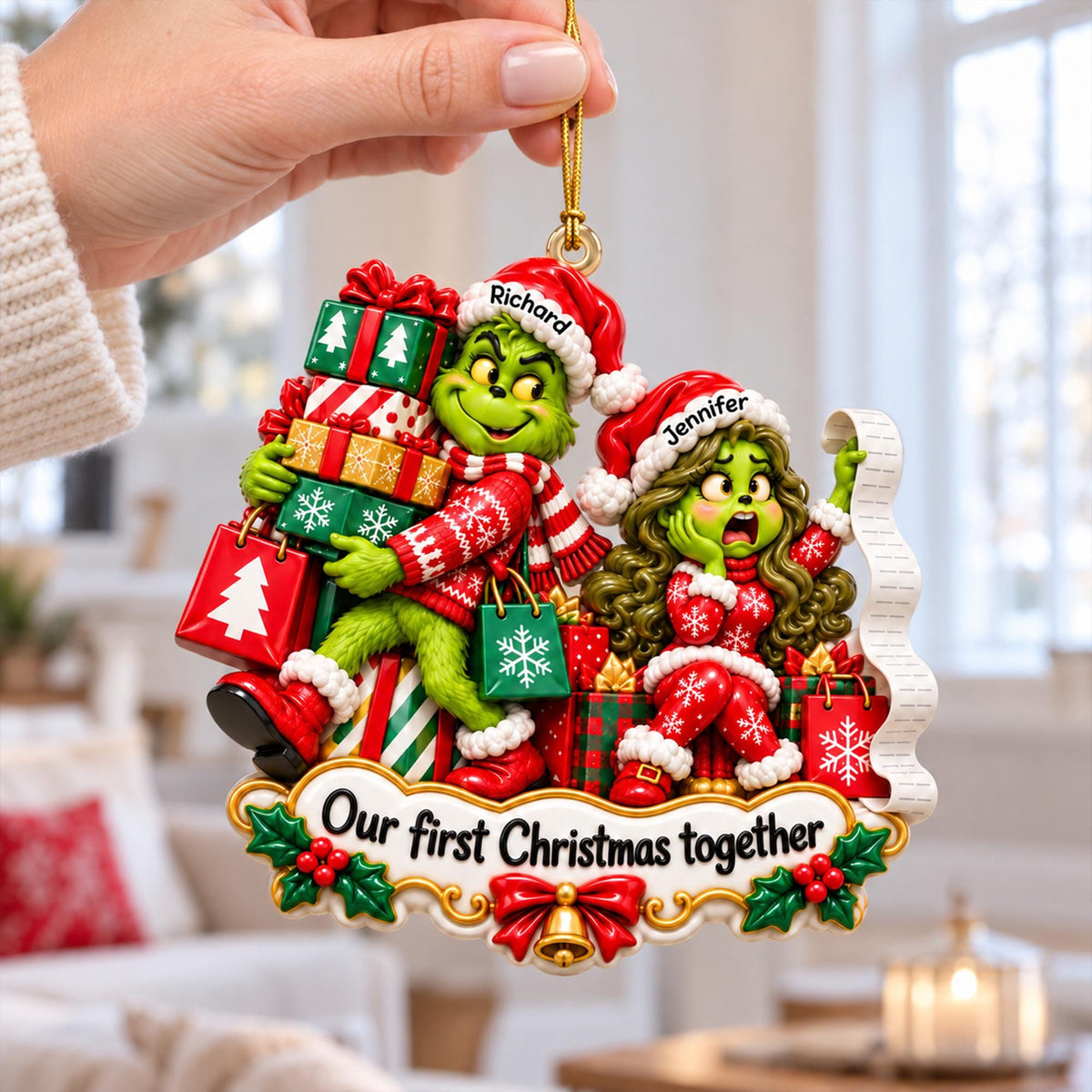 Personalized Grinch Couple Christmas Ornament, Custom Names Spicy Funny Couple Gift, Romantic Merry Grinchmas Tree Decoration