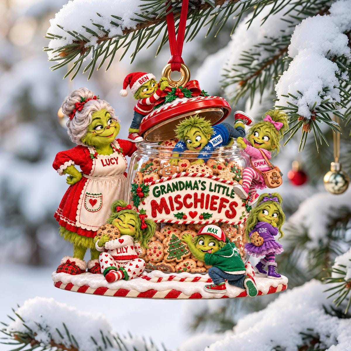 Personalized Grandma’s Little Mischiefs Flat 2D Acrylic Christmas Ornament, Custom Names Grinch Grandkids Ornament, Grandma Christmas Gift