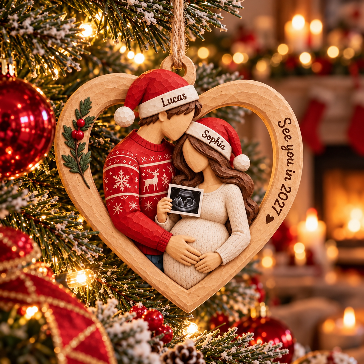 Personalized Family of Three Christmas Ornament, Baby Coming 2027 Keepsake (Copy)