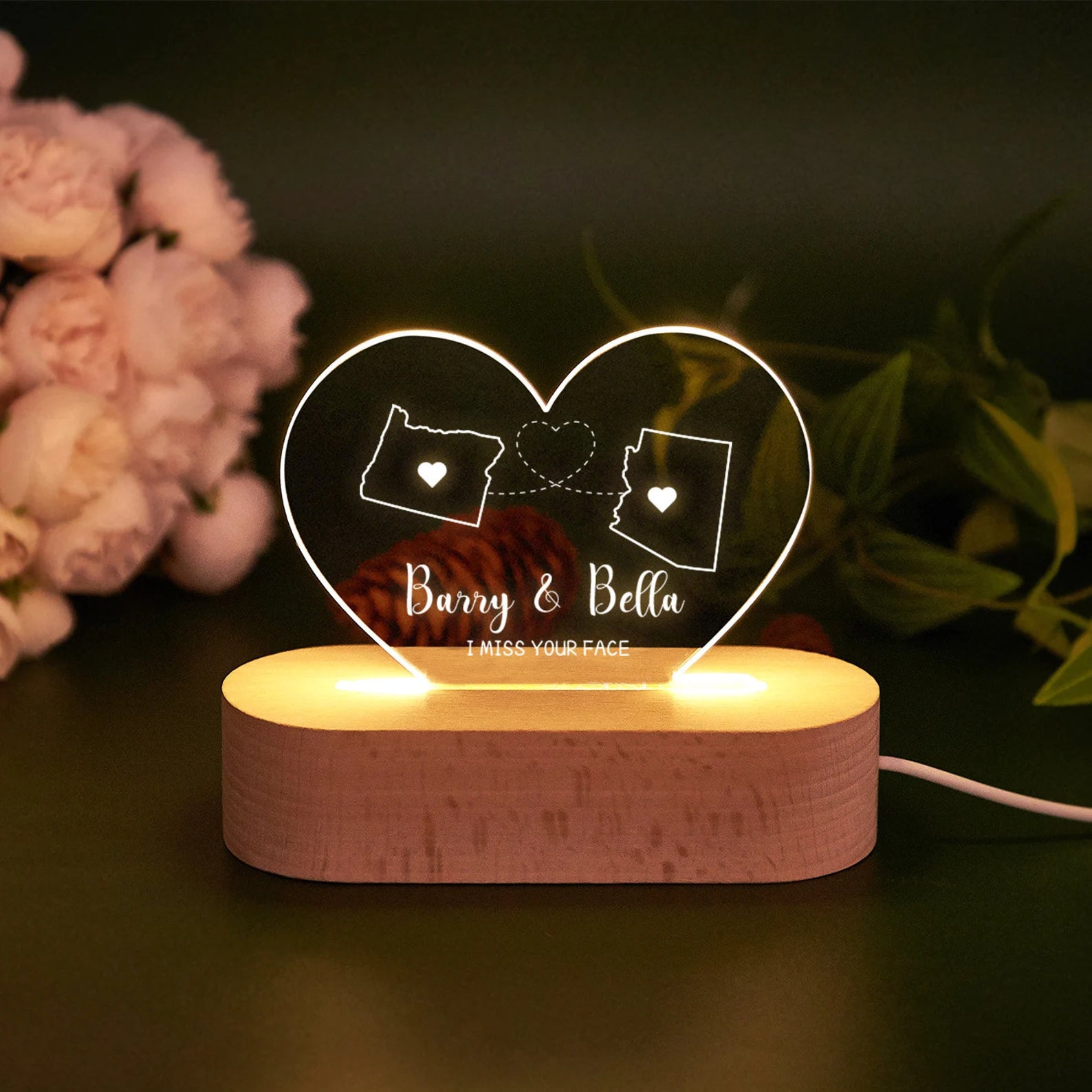 Custom Two-State Map Night Light: Long Distance Gift