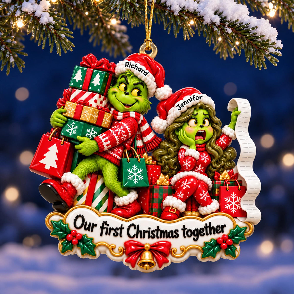 Personalized Grinch Couple Christmas Ornament, Custom Names Spicy Funny Couple Gift, Romantic Merry Grinchmas Tree Decoration