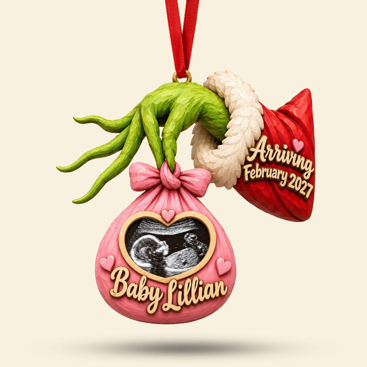 Personalized Pregnancy Announcement Ornament, Custom Photo Baby Coming January 2027, Grinch Hand Baby Keepsake