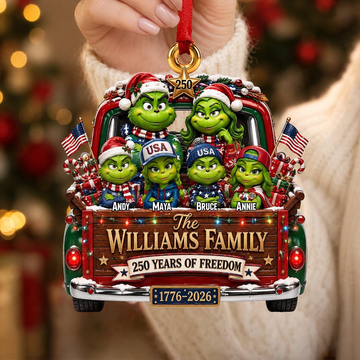Personalized Family Christmas Ornament, USA 250th Anniversary 1776-2026, Custom Family Names Holiday Gift