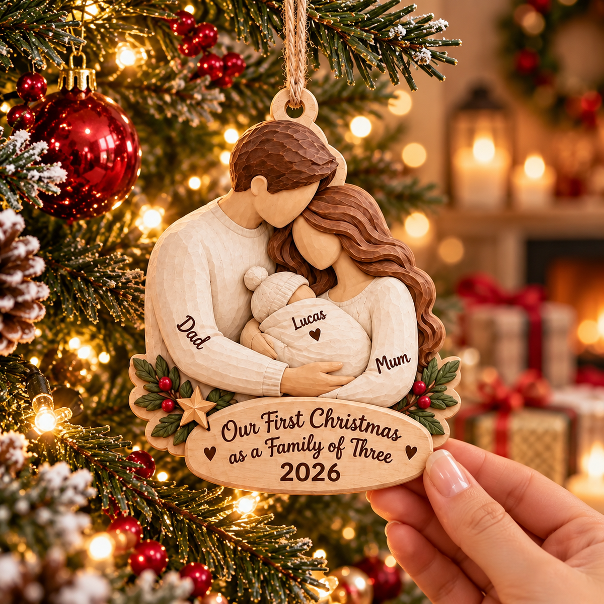 Personalized Family of Three Christmas Ornament, Baby Coming 2027 Keepsake