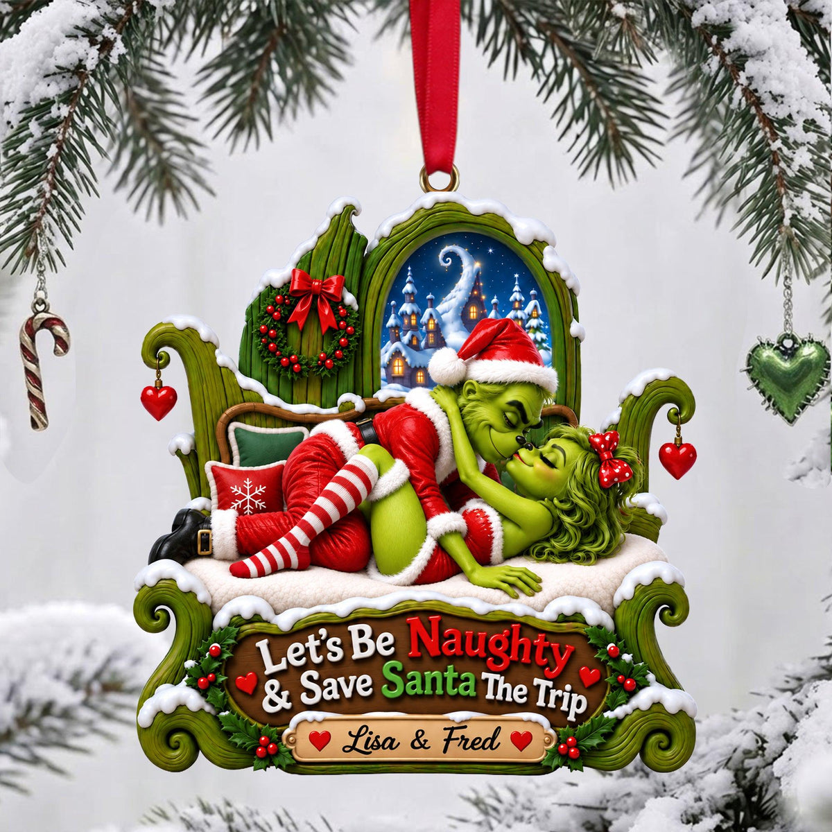 Personalized Naughty Couple Christmas Ornament, Personalized Green Monster Couple Christmas Ornament, I Adore You