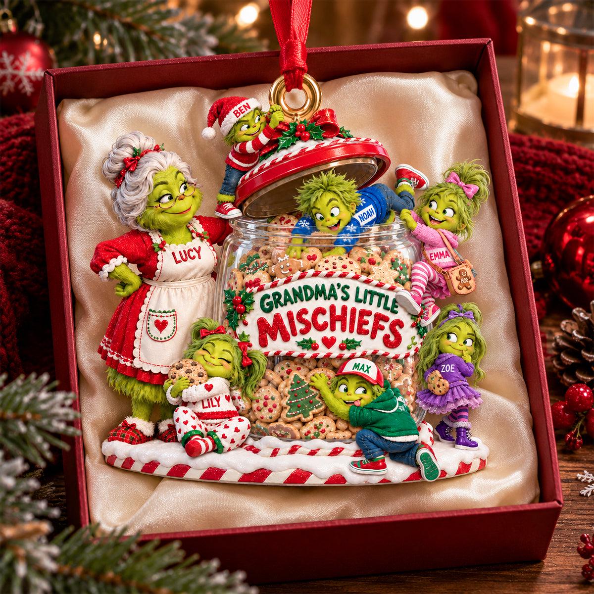 Personalized Grandma’s Little Mischiefs Flat 2D Acrylic Christmas Ornament, Custom Names Grinch Grandkids Ornament, Grandma Christmas Gift