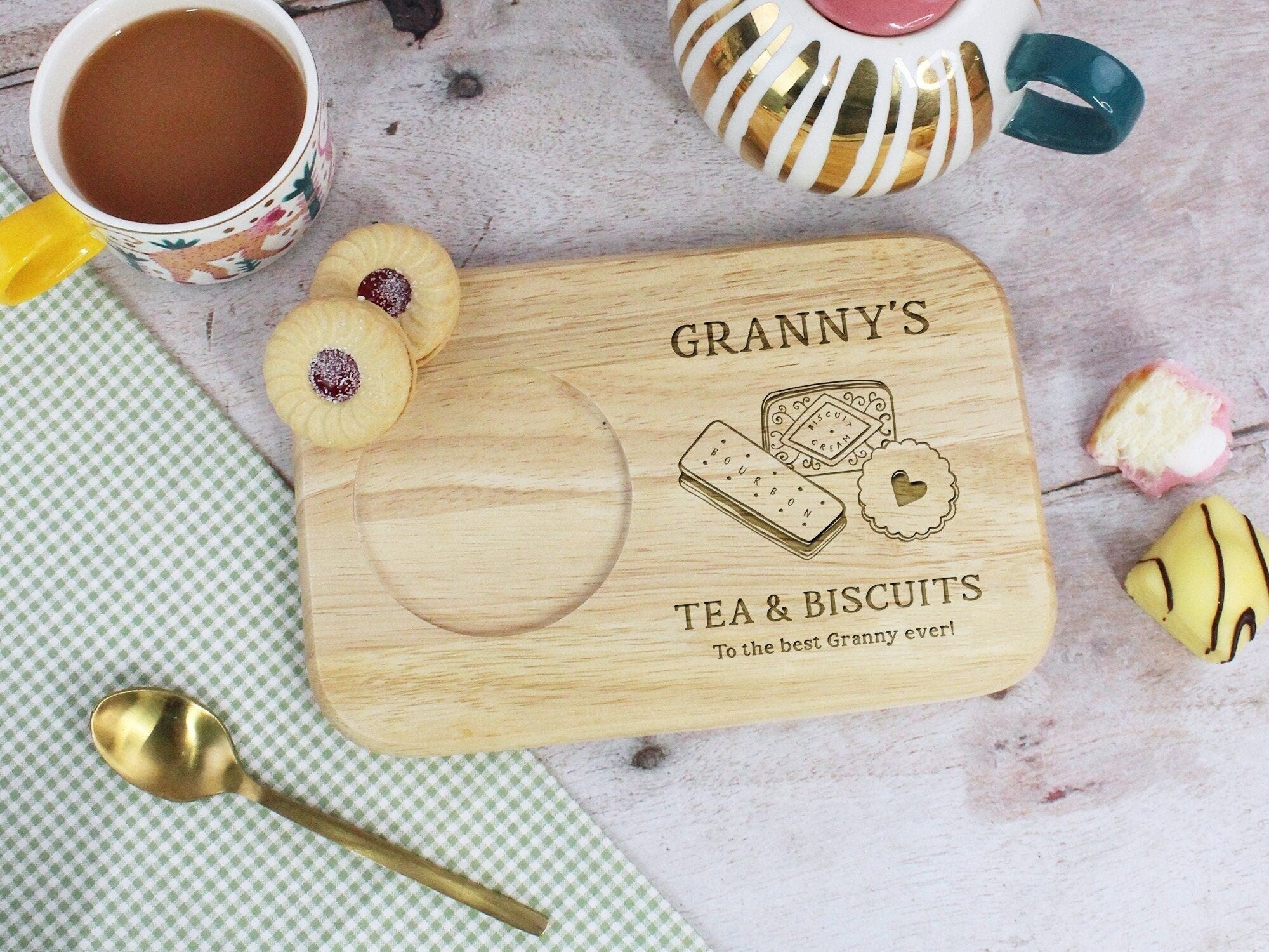 Custom Tea & Biscuit Board, Engraved Wood Treat Tray, Gift for Nanna, Grandma, Granny