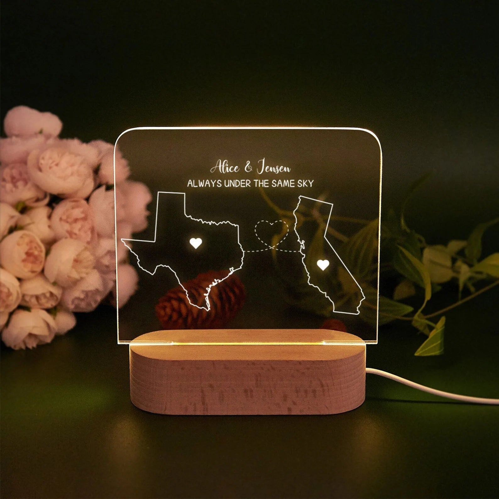 Custom Two-State Map Night Light: Long Distance Gift