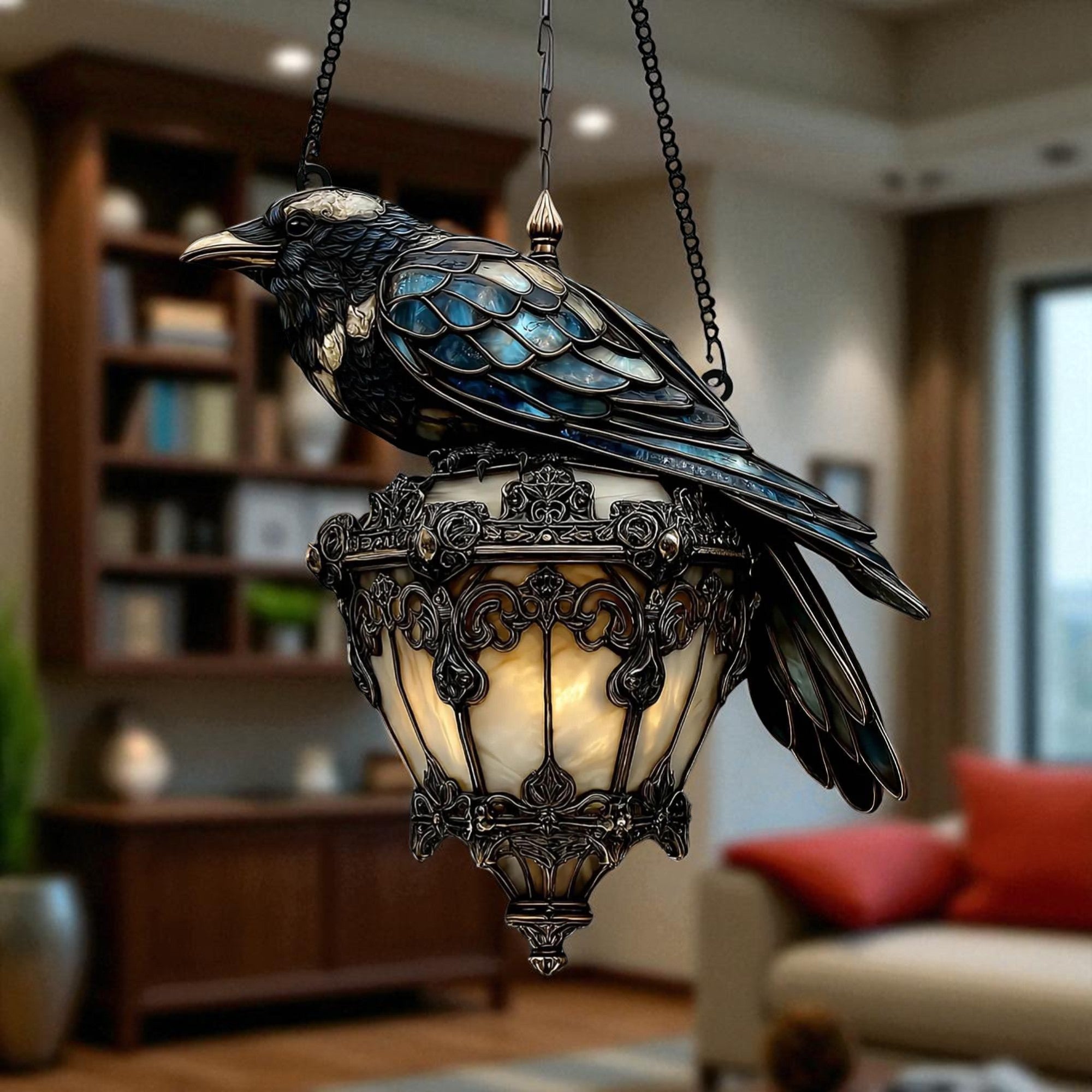 Raven Gothic Lantern Acrylic Suncatcher – 2D Faux Crow on Lamp