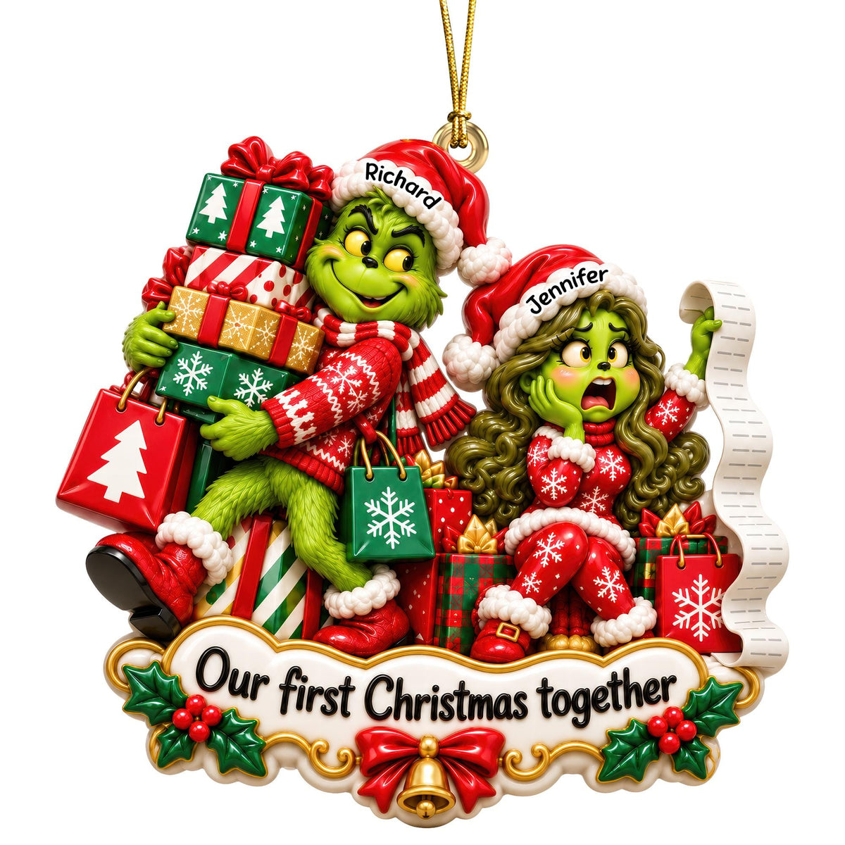 Personalized Grinch Couple Christmas Ornament, Custom Names Spicy Funny Couple Gift, Romantic Merry Grinchmas Tree Decoration
