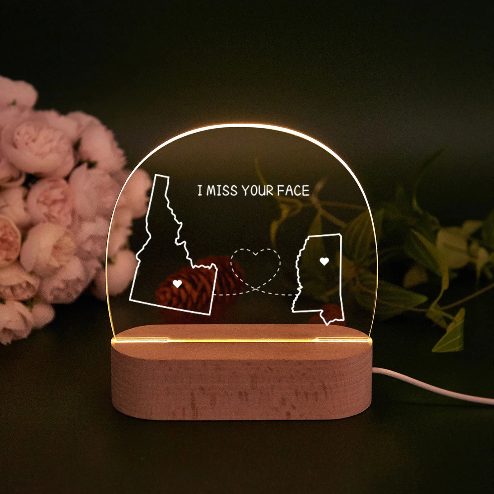 Custom Two-State Map Night Light: Long Distance Gift