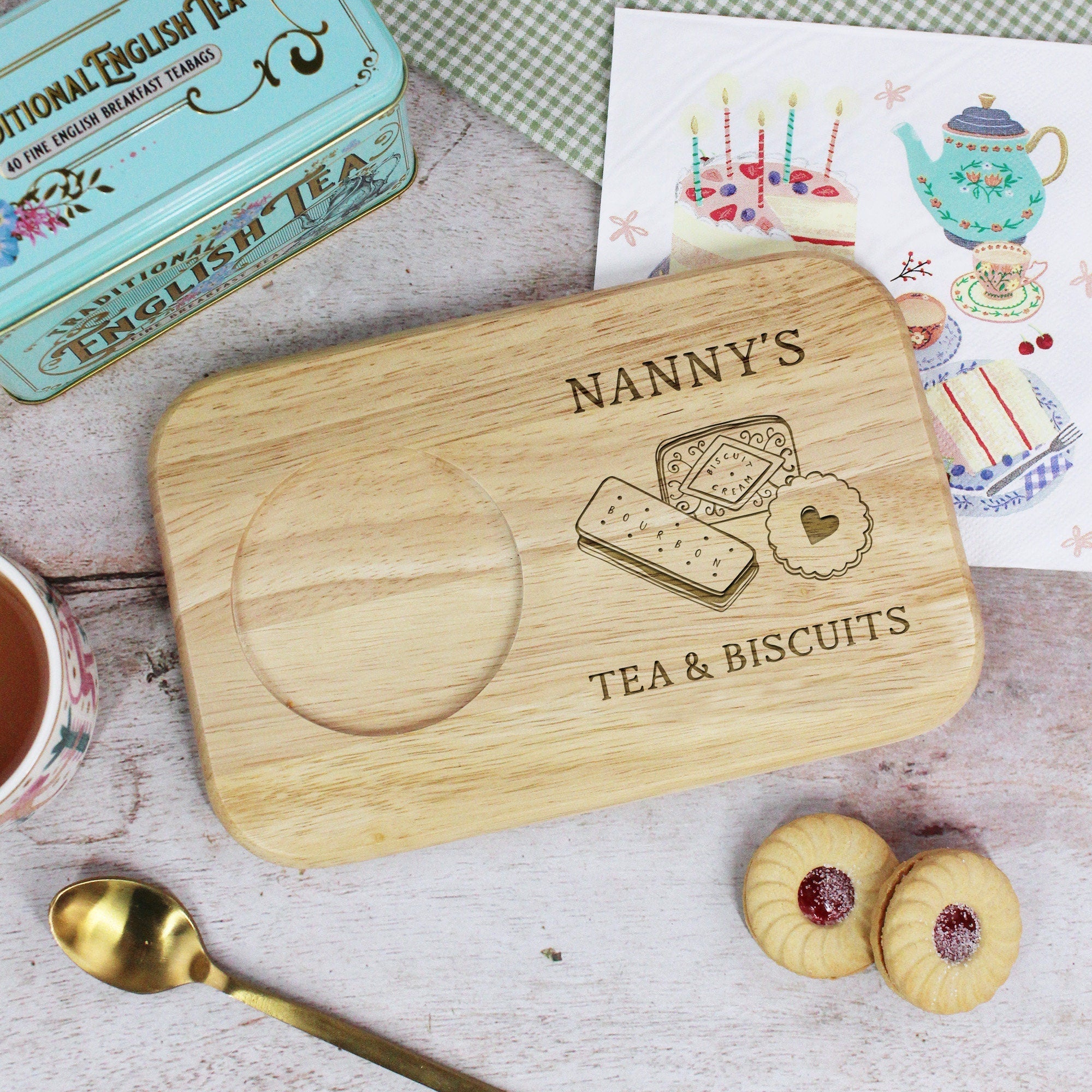 Custom Tea & Biscuit Board, Engraved Wood Treat Tray, Gift for Nanna, Grandma, Granny