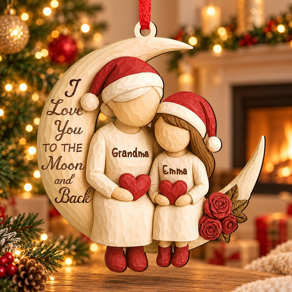 Custom Grandma Grandkids on Moon Ornament, Grandma Christmas Keepsake, Heartfelt Christmas Gift from Grandkids, 2D Wooden Ornament