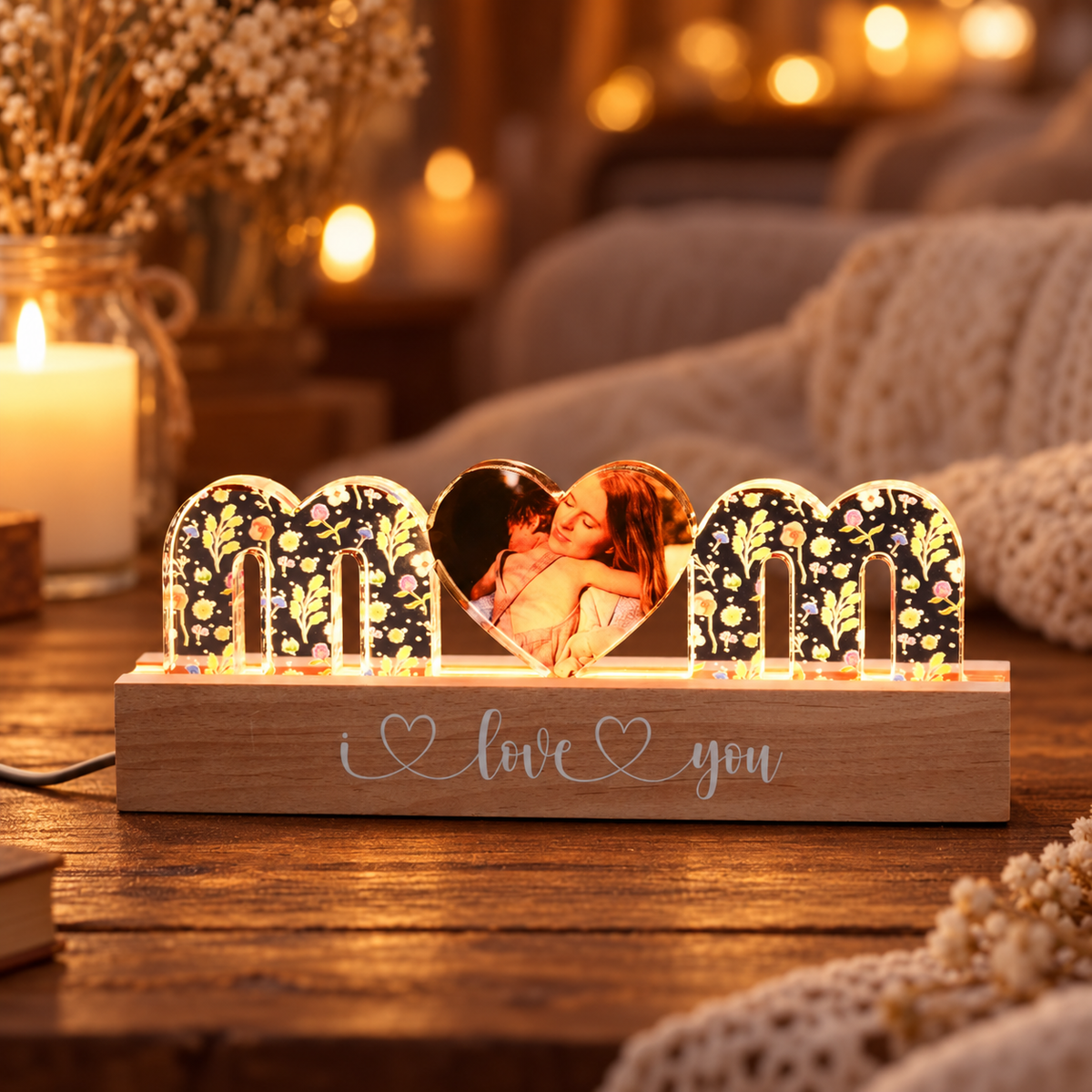 Custom MOM Light with Floral Design and Photo Heart