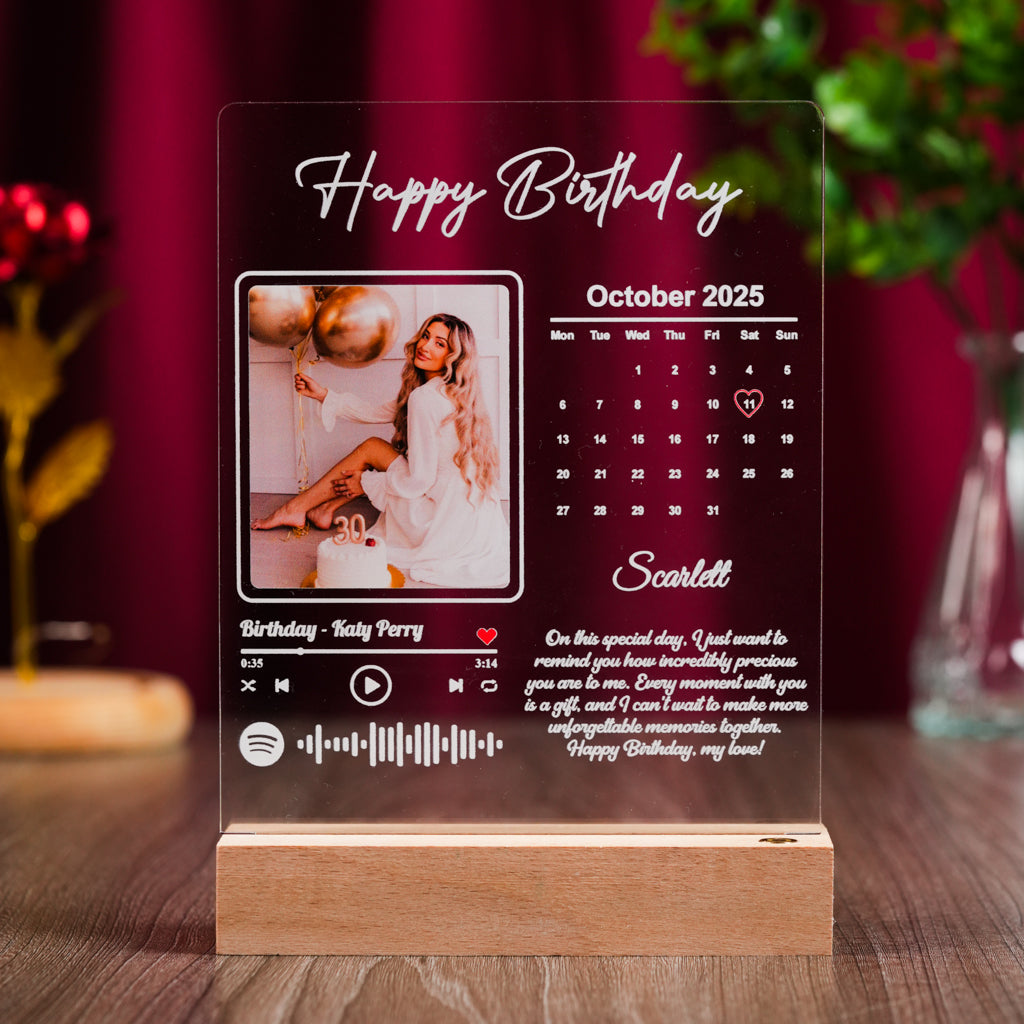 Personalized Birthday Acrylic Plaque – With Photo, Calendar & Song
