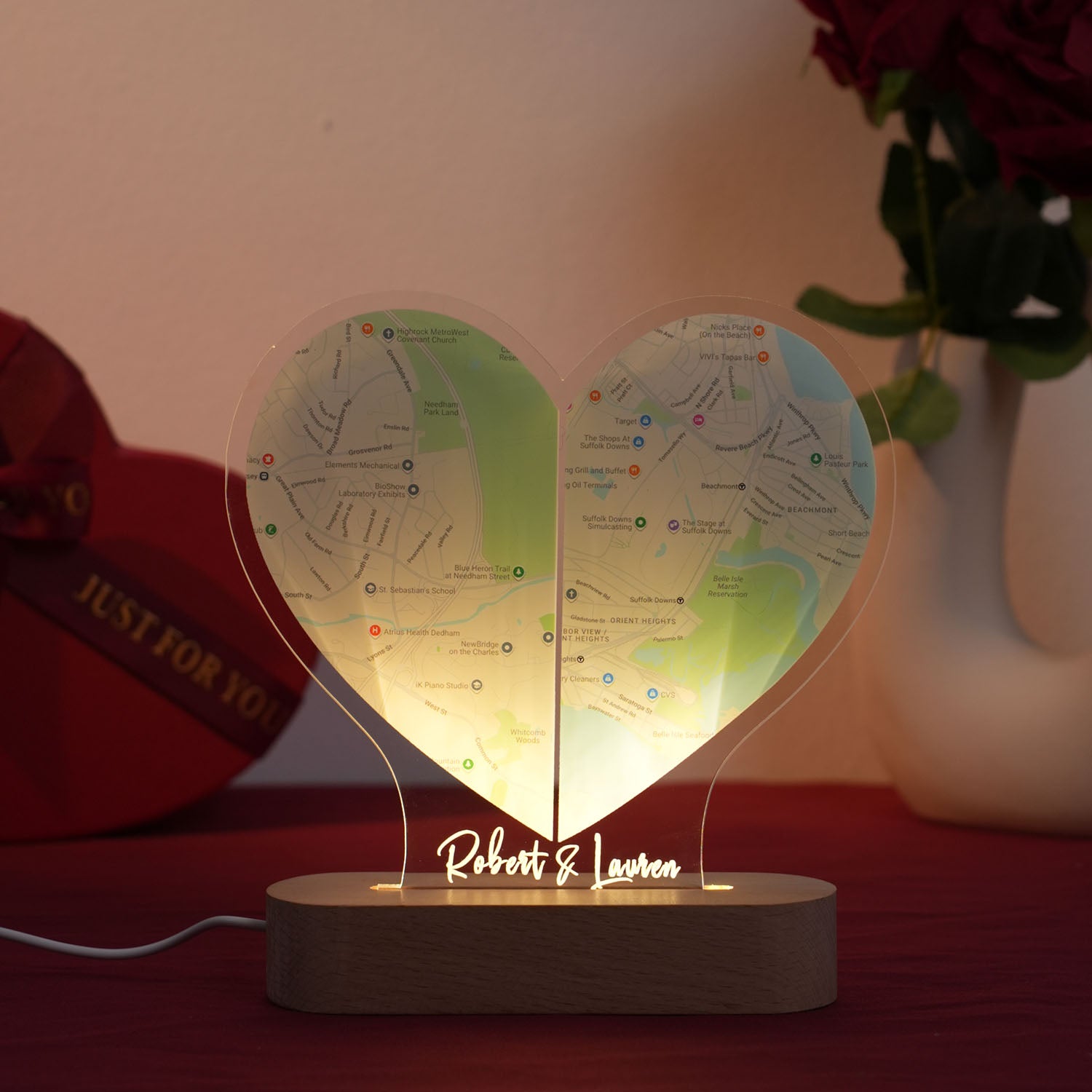 Custom Two Location Heart Night Light - Personalized Map Print - Nightlight for Long Distance Love