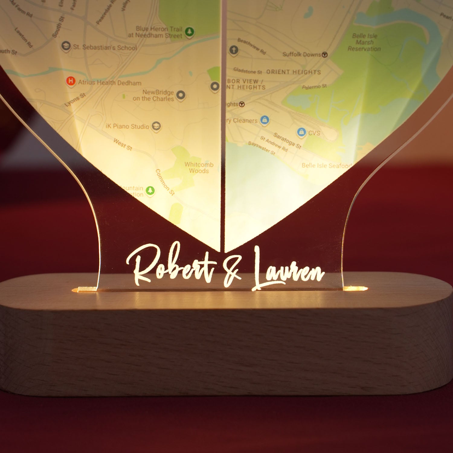 Custom Two Location Heart Night Light - Personalized Map Print - Nightlight for Long Distance Love
