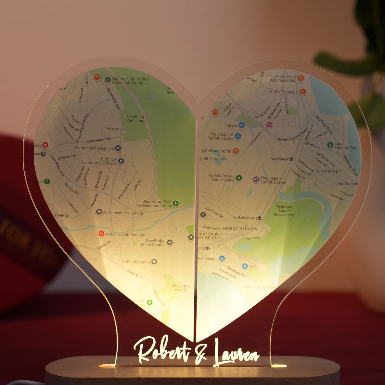 Custom Two Location Heart Night Light - Personalized Map Print - Nightlight for Long Distance Love