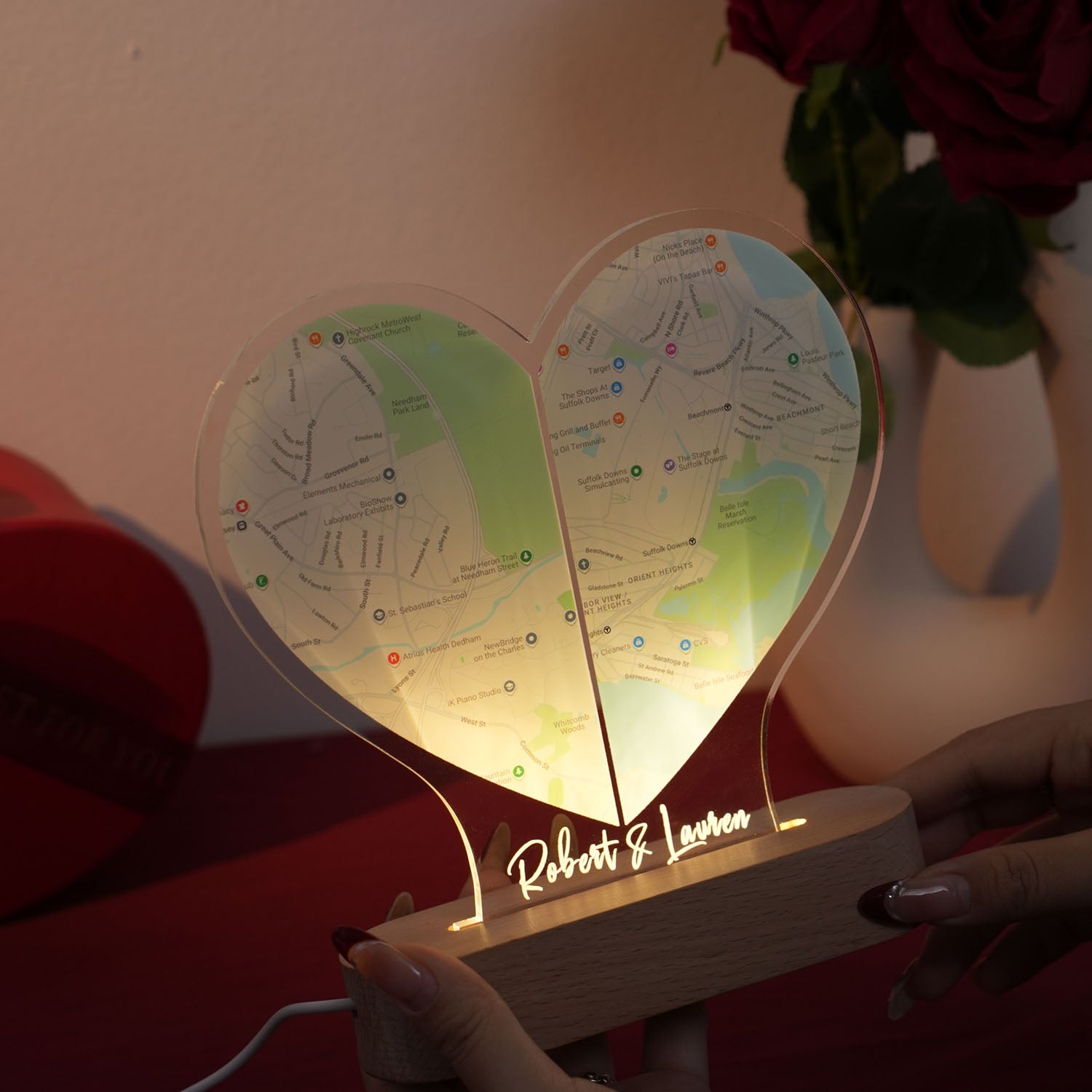 Custom Two Location Heart Night Light - Personalized Map Print - Nightlight for Long Distance Love