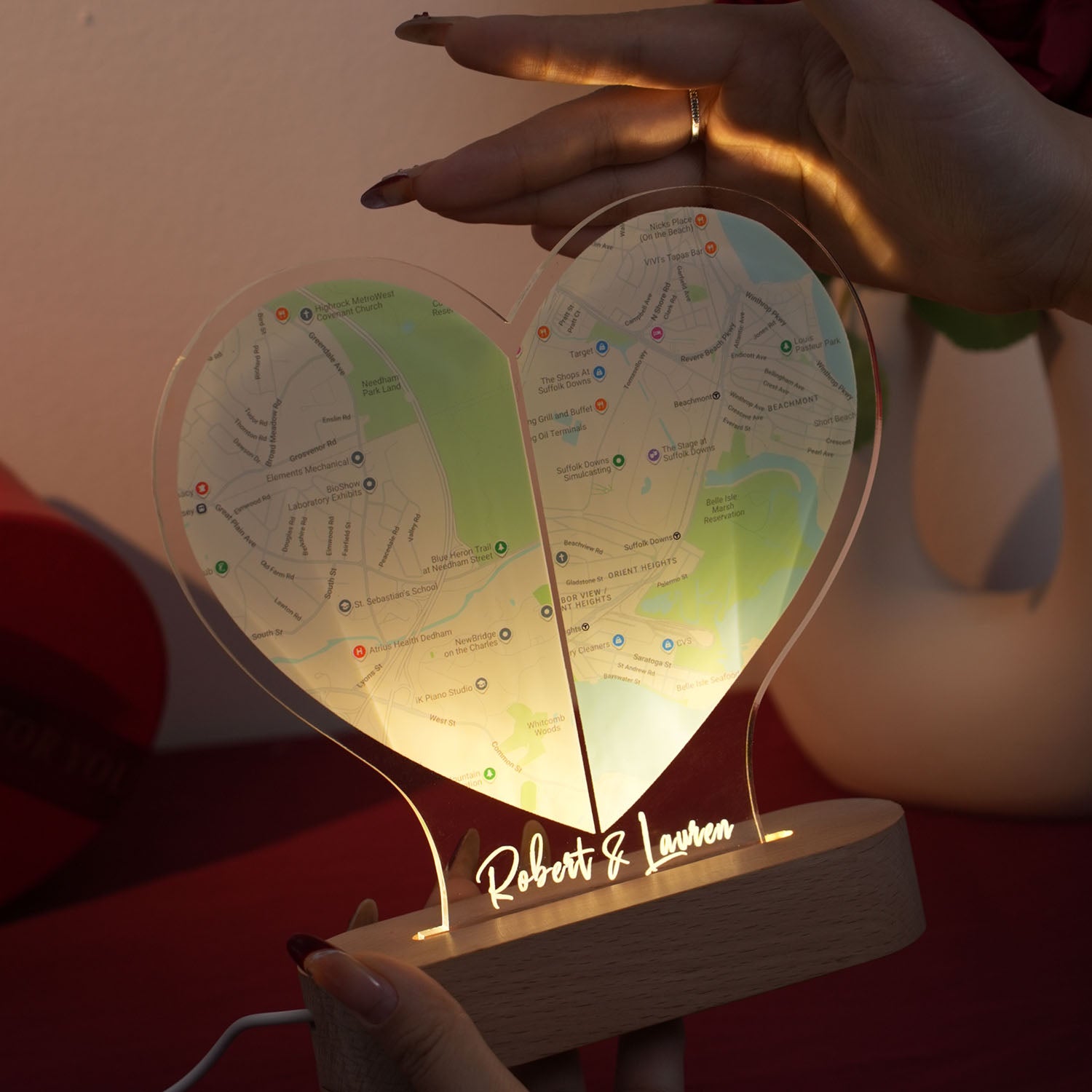 Custom Two Location Heart Night Light - Personalized Map Print - Nightlight for Long Distance Love