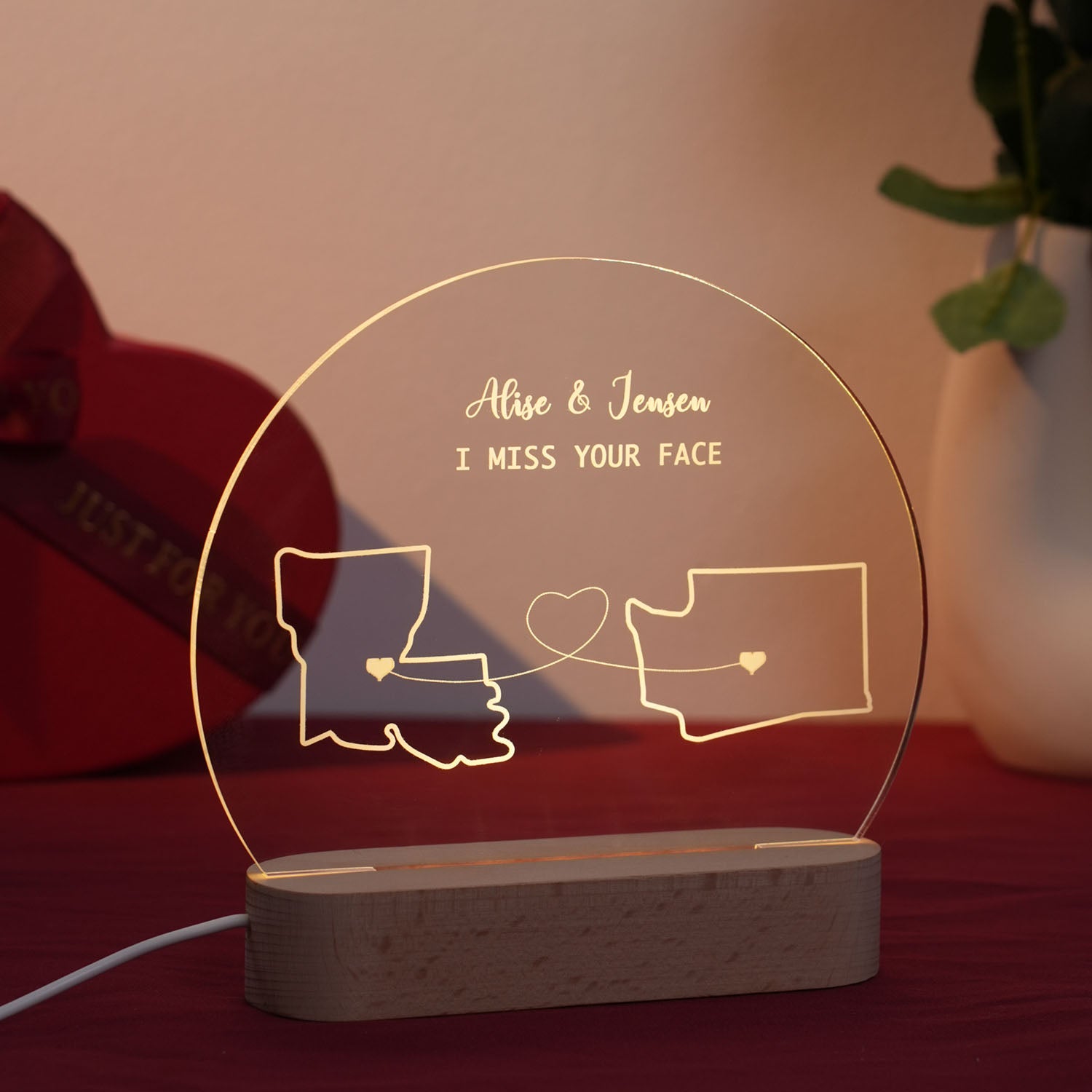 Custom Two-State Map Night Light: Long Distance Gift