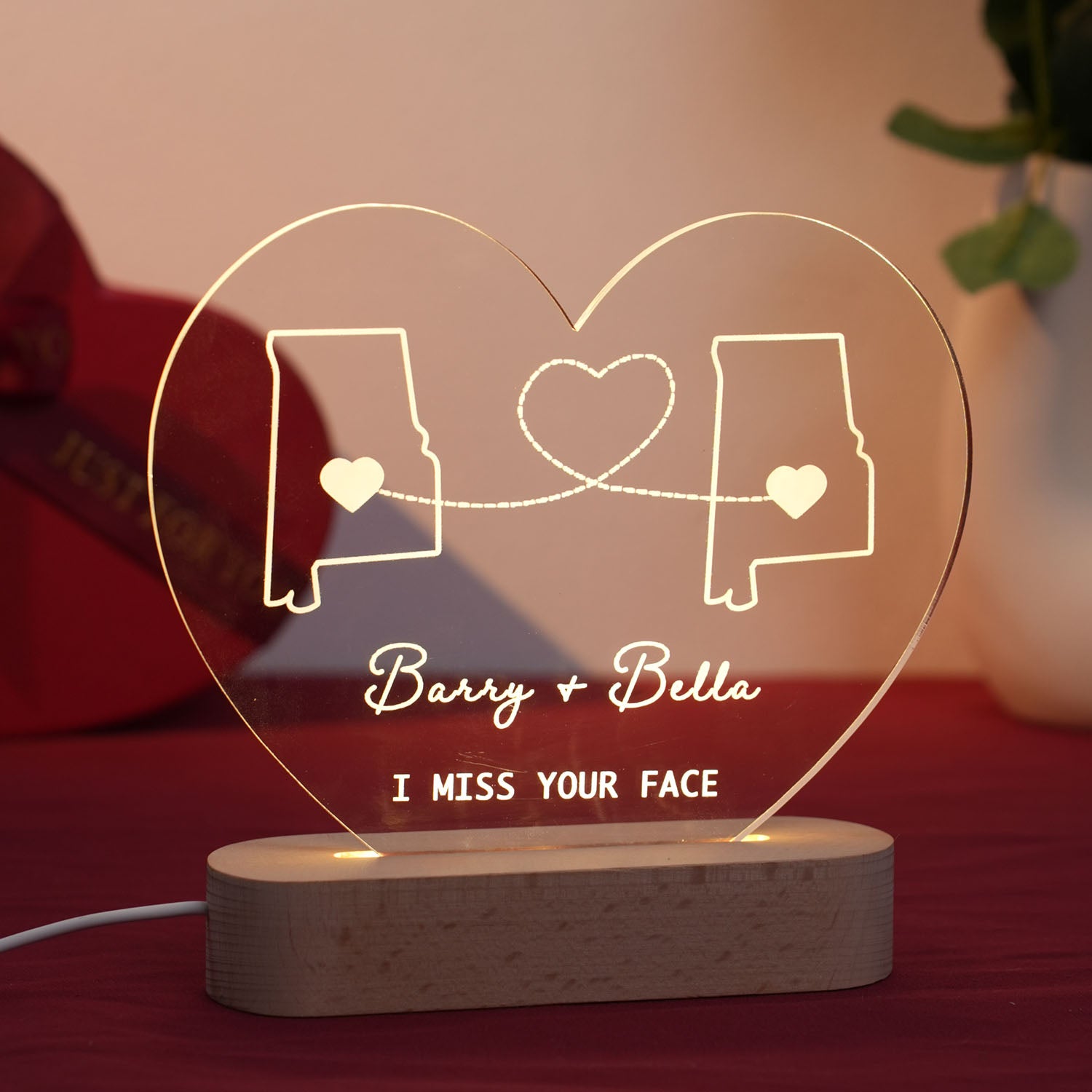 Custom Two-State Map Night Light: Long Distance Gift